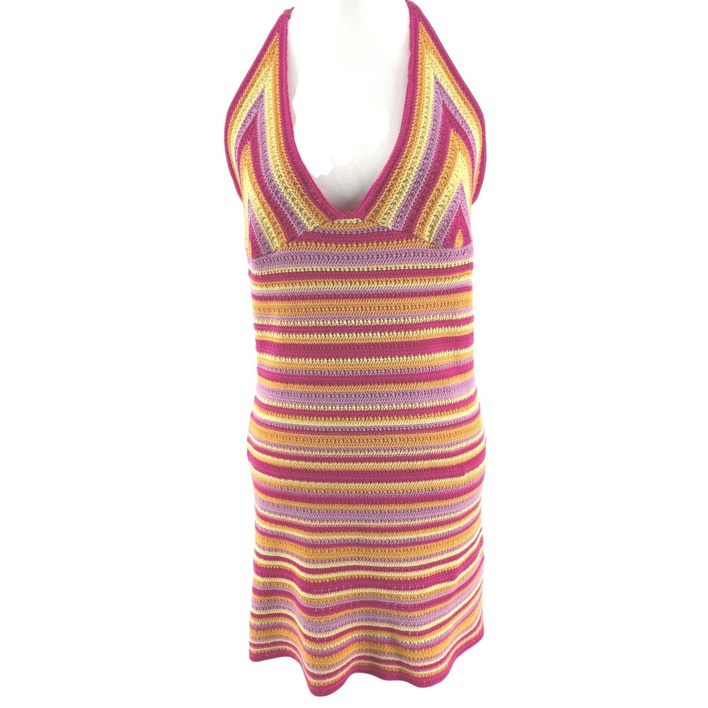 Crochet Halter‎ Mini Dress Womens Medium Pink Orange Festival Vacay Beachy Retro